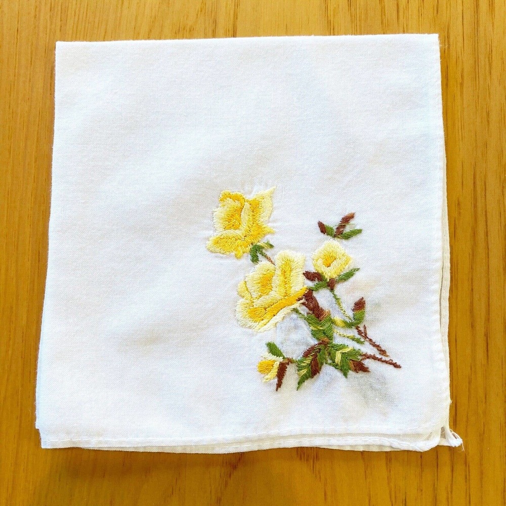 Vintage Handkerchief Hanky Embroidered Yellow Roses Flowers Fine Cotton 10.25" - Picture 1 of 6